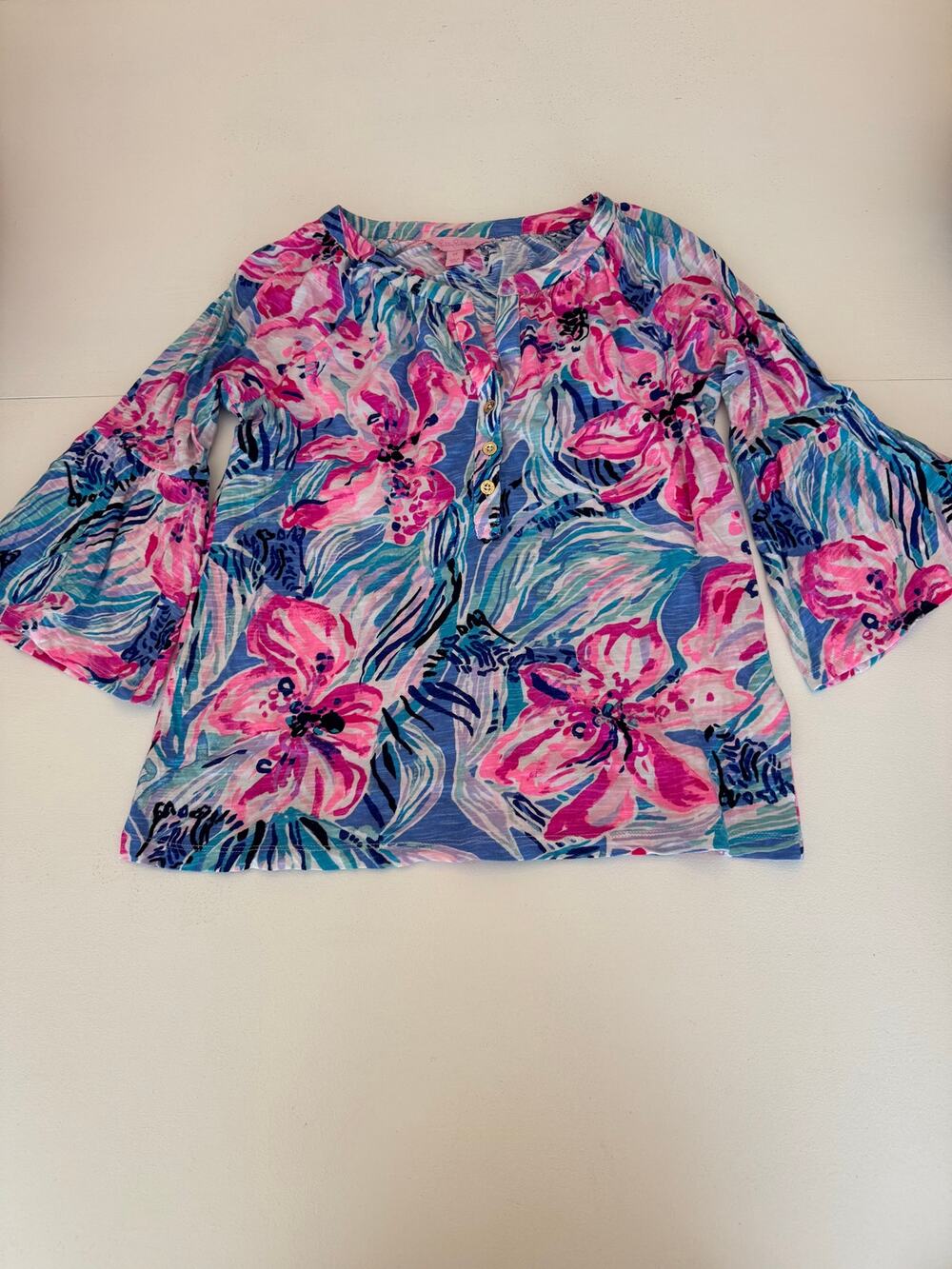 Lilly Pulitzer Flounce Sleeve Floral Ruffle Blue Pink Cotton Blouse Size XS Prep